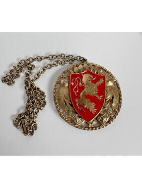 Vintage Large Red Lion Bird Coat Of Arms Crest Pendant Necklace 19" MCM